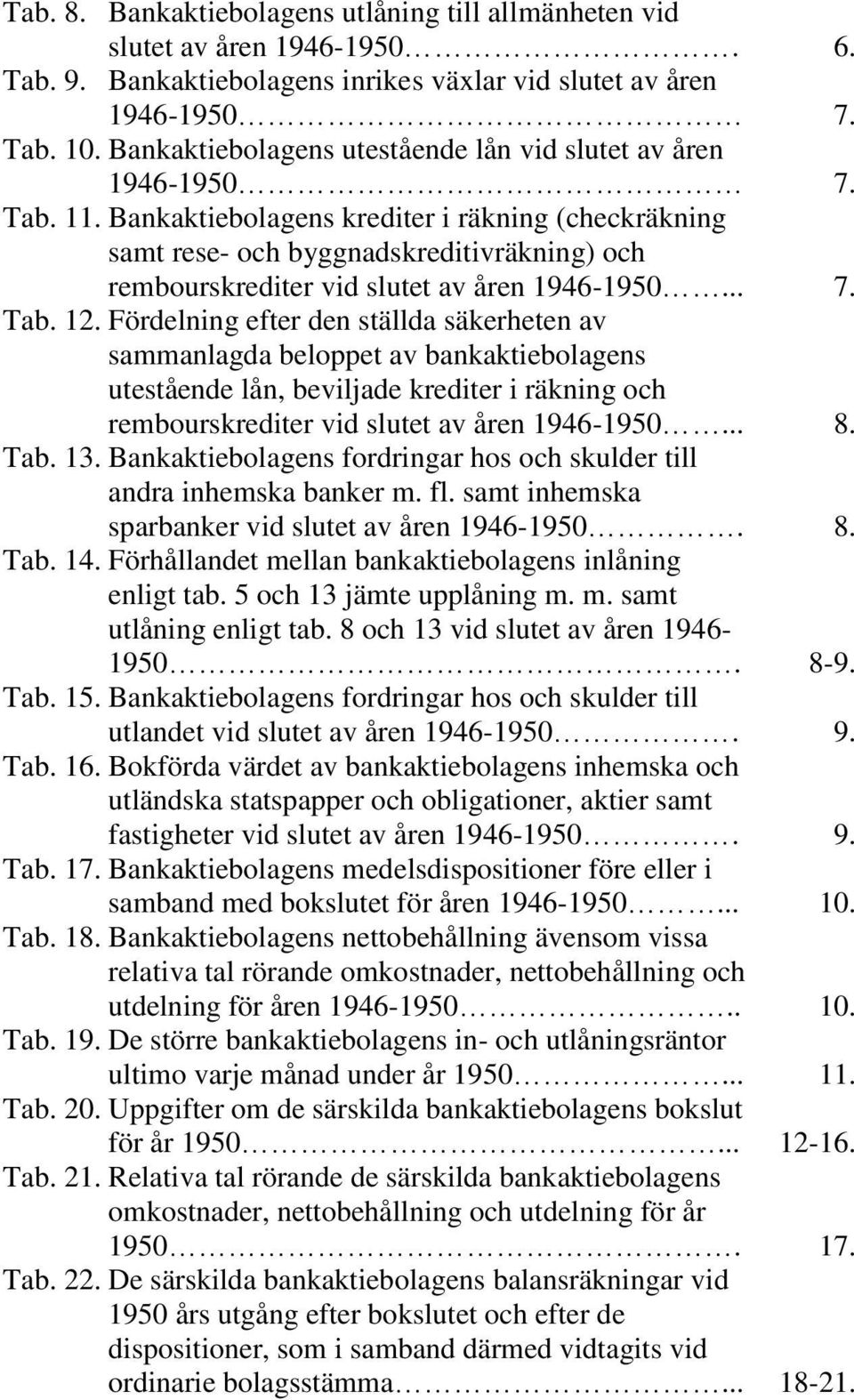 Bankaktiebolagens krediter i räkning (checkräkning samt rese- och byggnadskreditivräkning) och rembourskrediter vid slutet av åren 1946-1950... 7. Tab. 12.