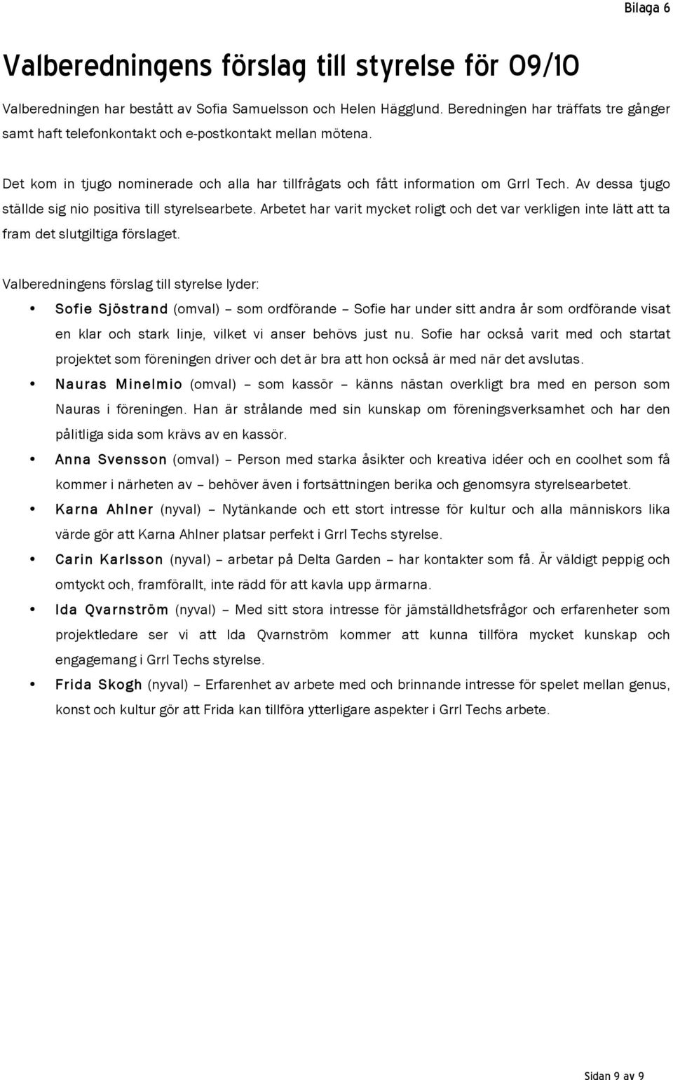 Av dessa tjugo ställde sig nio positiva till styrelsearbete. Arbetet har varit mycket roligt och det var verkligen inte lätt att ta fram det slutgiltiga förslaget.