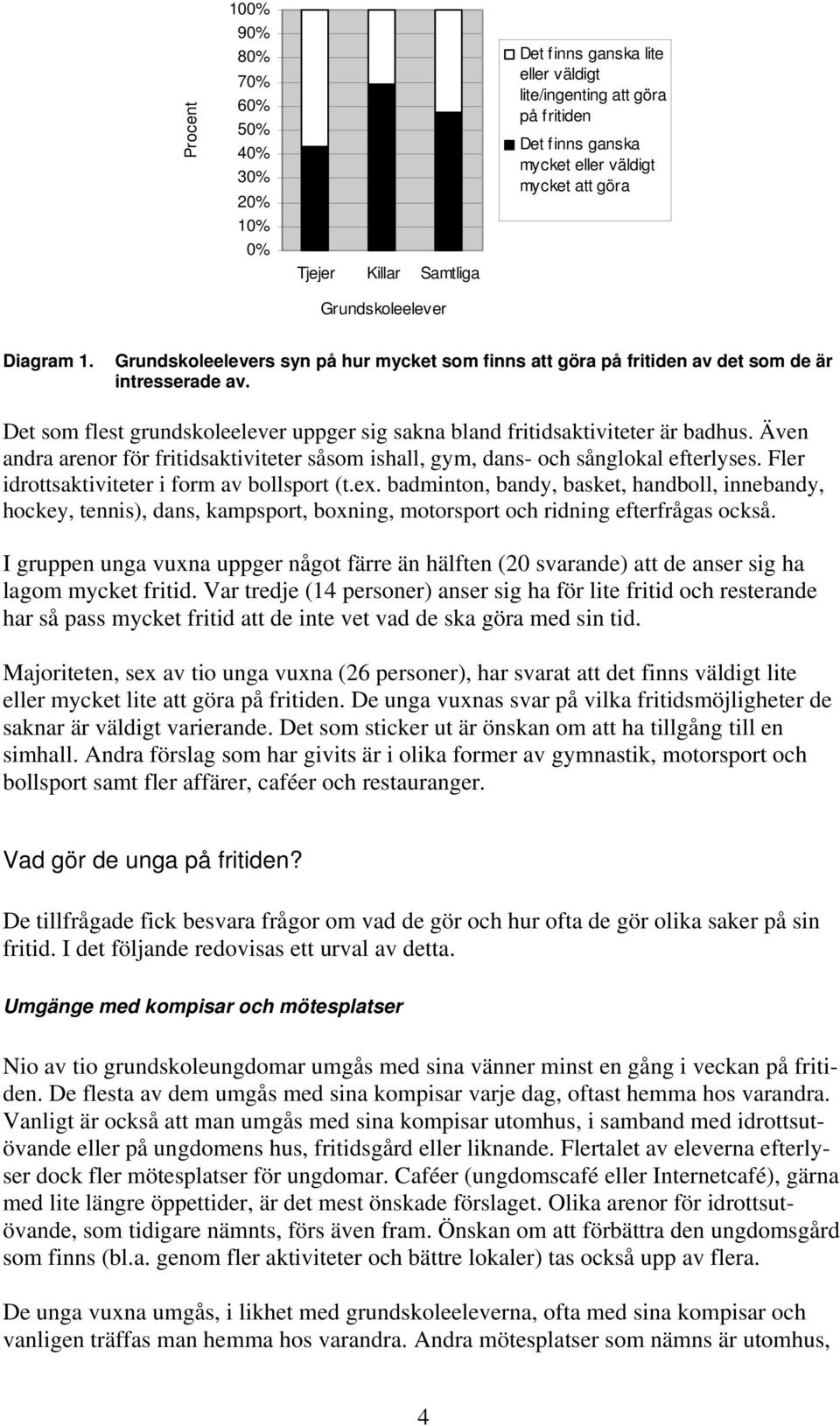 Det som flest grundskoleelever uppger sig sakna bland fritidsaktiviteter är badhus. Även andra arenor för fritidsaktiviteter såsom ishall, gym, dans- och sånglokal efterlyses.