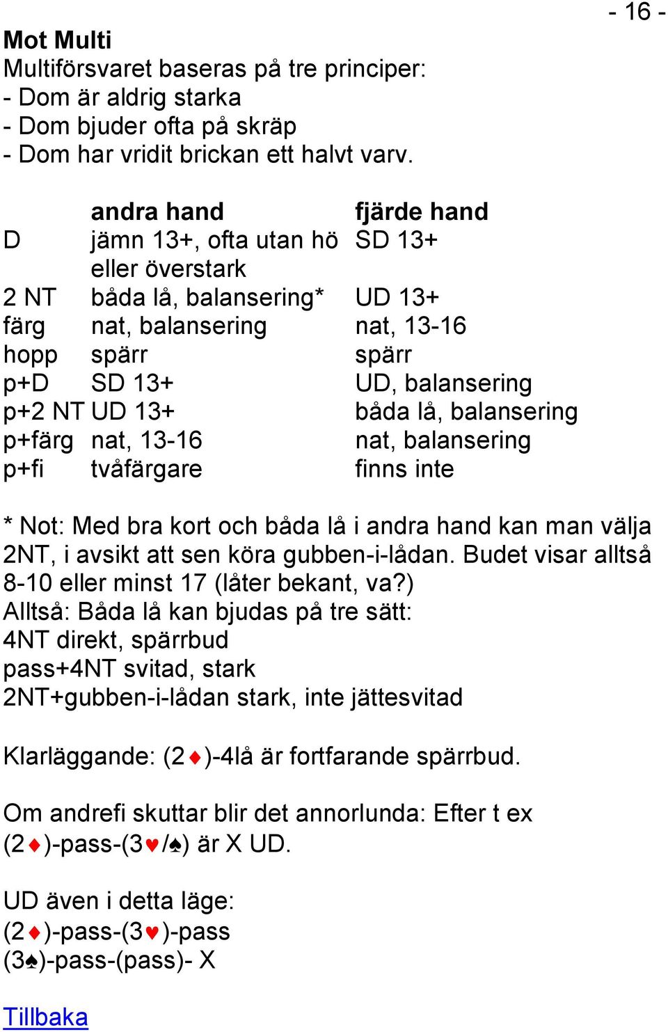 13+ båda lå, balansering p+färg nat, 13-16 nat, balansering p+fi tvåfärgare finns inte * Not: Med bra kort och båda lå i andra hand kan man välja 2NT, i avsikt att sen köra gubben-i-lådan.