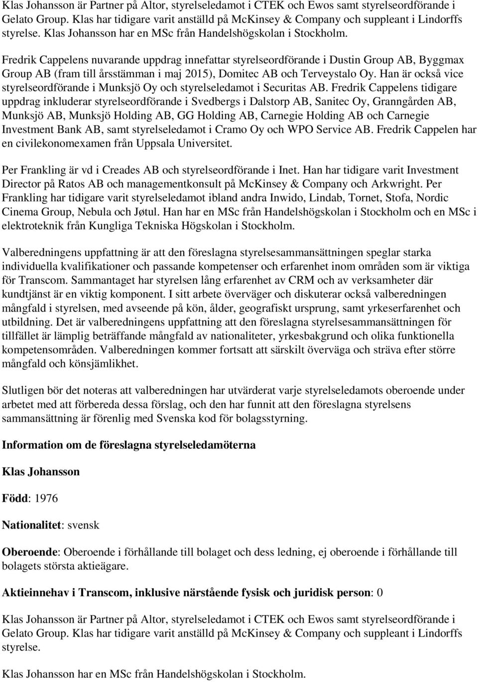 Fredrik Cappelens nuvarande uppdrag innefattar styrelseordförande i Dustin Group AB, Byggmax Group AB (fram till årsstämman i maj 2015), Domitec AB och Terveystalo Oy.