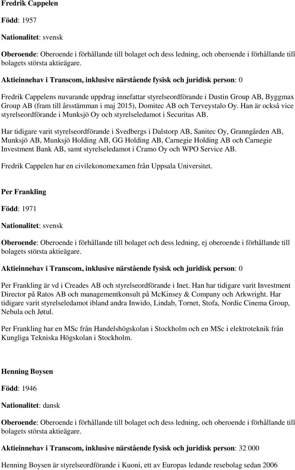 Har tidigare varit styrelseordförande i Svedbergs i Dalstorp AB, Sanitec Oy, Granngården AB, Munksjö AB, Munksjö Holding AB, GG Holding AB, Carnegie Holding AB och Carnegie Investment Bank AB, samt