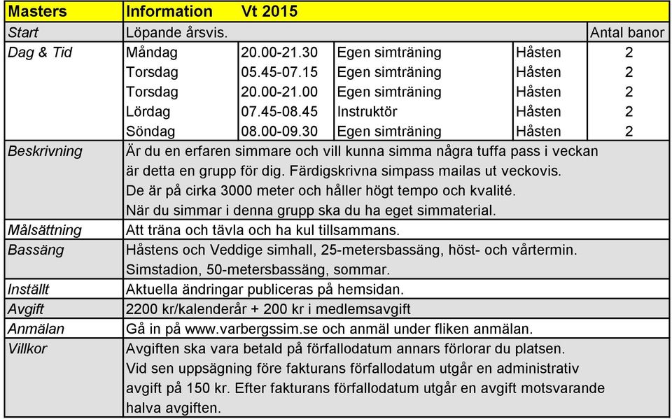 30 Egen simträning Håsten 2 Beskrivning Är du en erfaren simmare och vill kunna simma några tuffa pass i veckan är detta en grupp för dig.