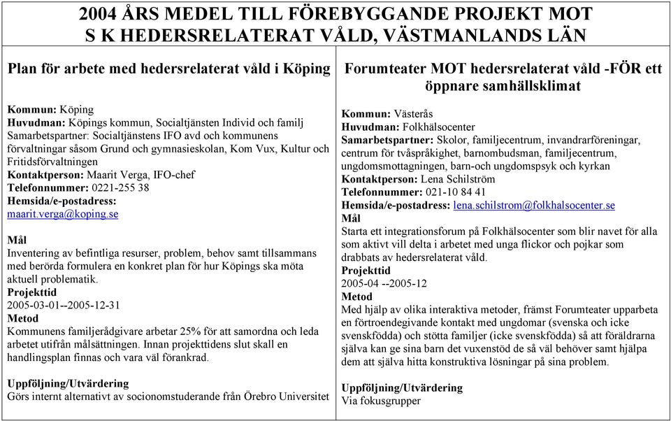 Hemsida/e-postadress: maarit.verga@koping.se Inventering av befintliga resurser, problem, behov samt tillsammans med berörda formulera en konkret plan för hur Köpings ska möta aktuell problematik.