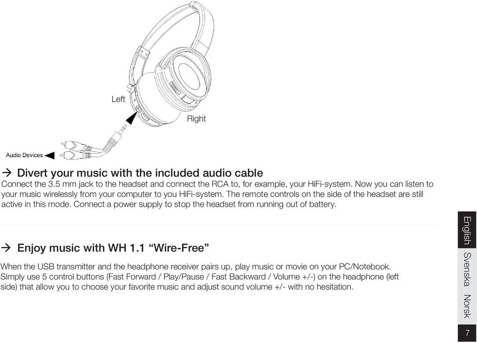 Connect a power supply to stop the headset from running out of battery. Enjoy music with WH 1.