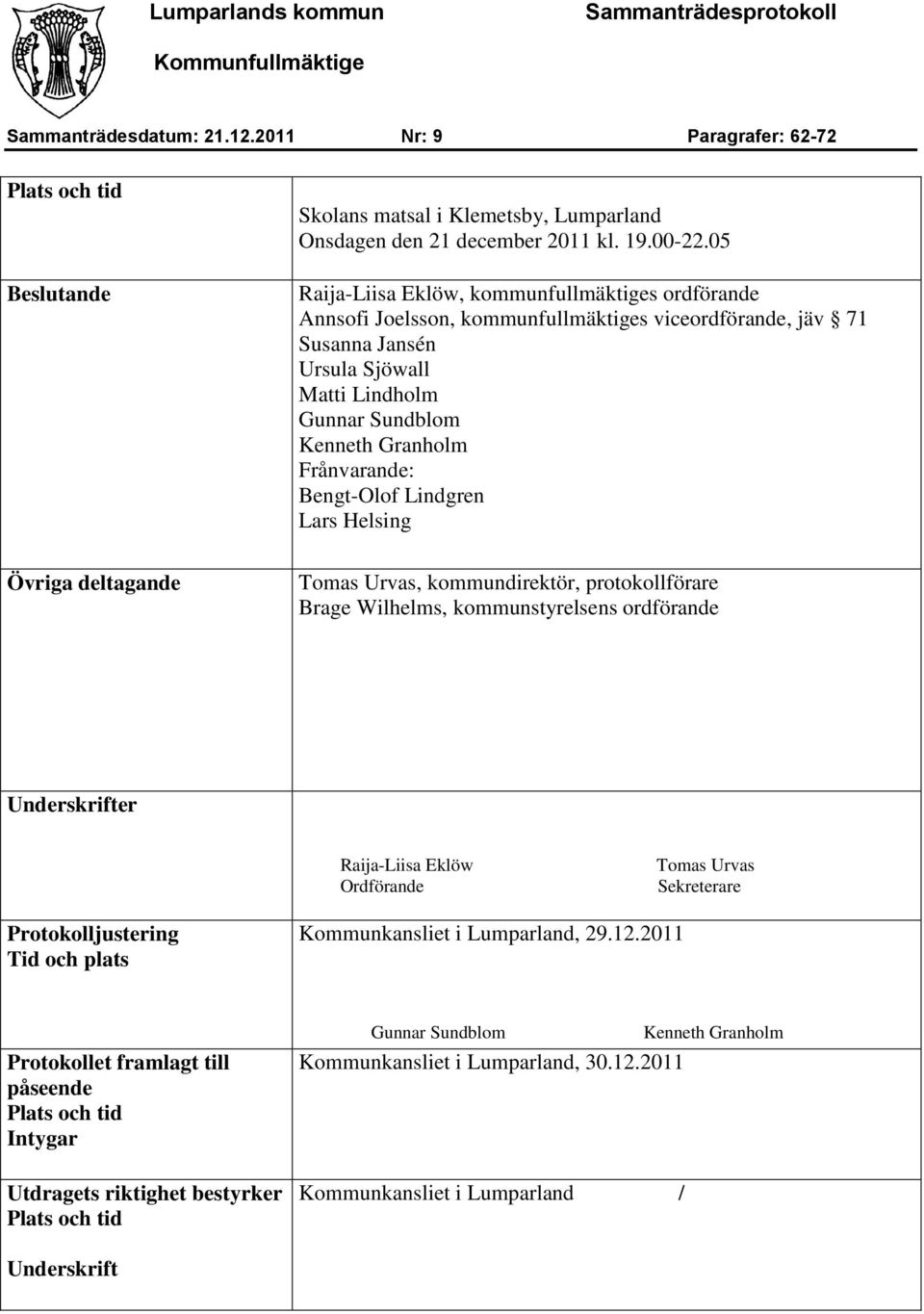 Frånvarande: Bengt-Olof Lindgren Lars Helsing Tomas Urvas, kommundirektör, protokollförare Brage Wilhelms, kommunstyrelsens ordförande Underskrifter Raija-Liisa Eklöw Ordförande Tomas Urvas