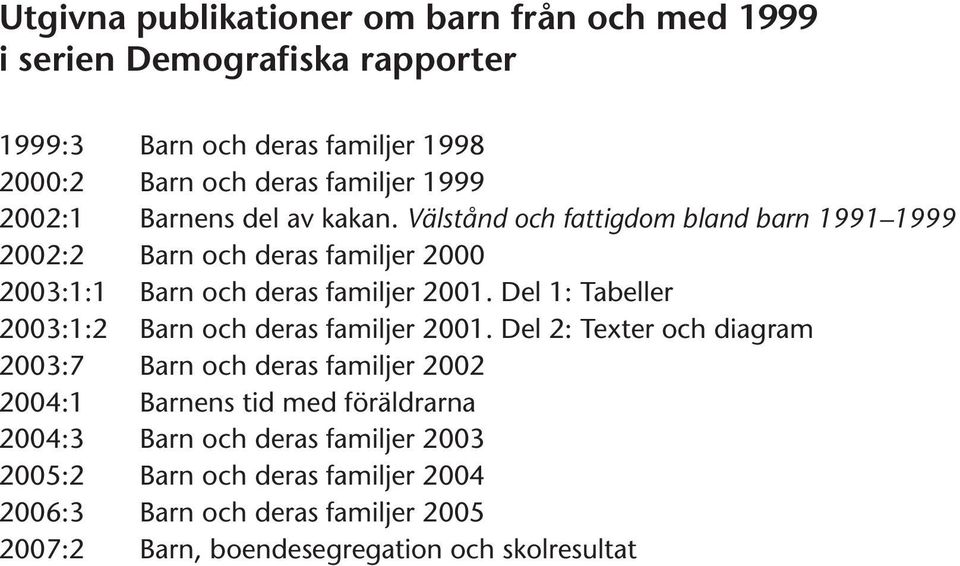 Del 1: Tabeller 2003:1:2 Barn och deras familjer 2001.