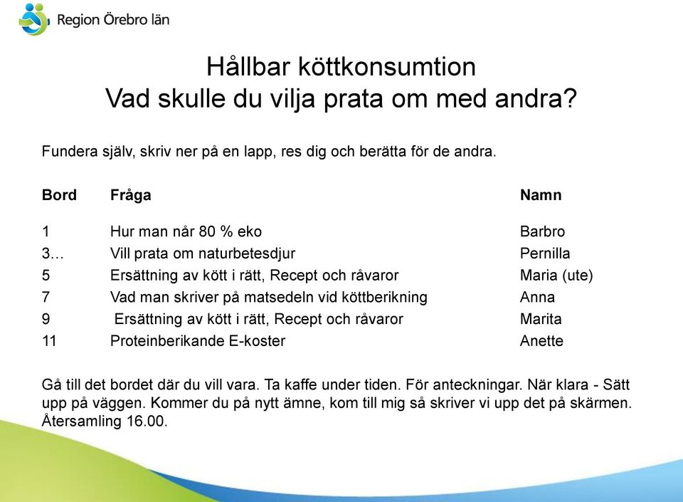 skriver på matsedeln vid köttberikning Anna 9 Ersättning av kött i rätt, Recept och råvaror Marita 11 Proteinberikande E-koster Anette Gå till det bordet