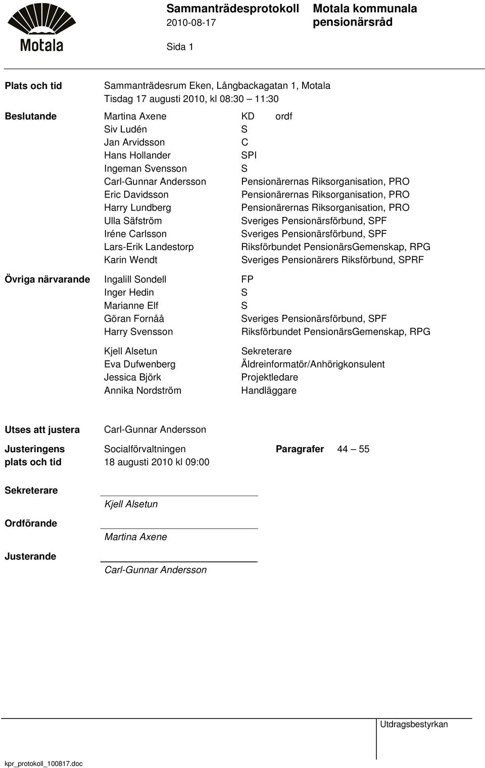 Pensionärsförbund, PF Iréne Carlsson veriges Pensionärsförbund, PF Lars-Erik Landestorp Riksförbundet PensionärsGemenskap, RPG Karin Wendt veriges Pensionärers Riksförbund, PRF Övriga närvarande