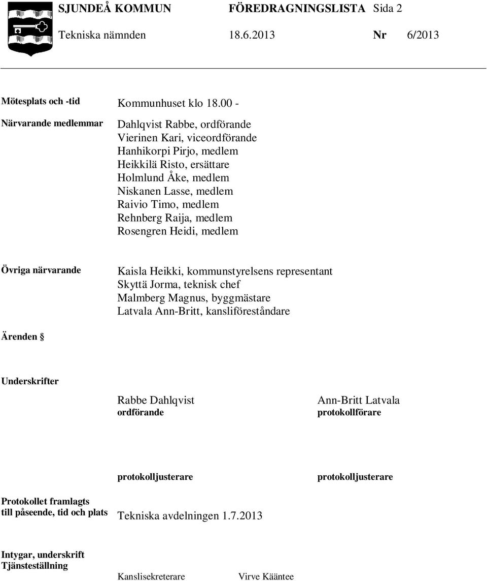 Rehnberg Raija, medlem Rosengren Heidi, medlem Övriga närvarande Kaisla Heikki, kommunstyrelsens representant Skyttä Jorma, teknisk chef Malmberg Magnus, byggmästare Latvala