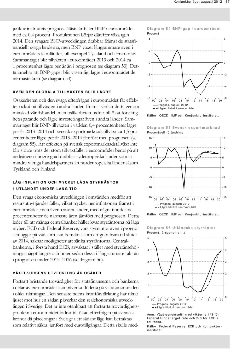 Sammantaget blir tillväxten i euroområdet och ca procentenhet lägre per år än i prognosen (se diagram ). Detta innebär att BNP-gapet blir väsentligt lägre i euroområdet de närmaste åren (se diagram ).