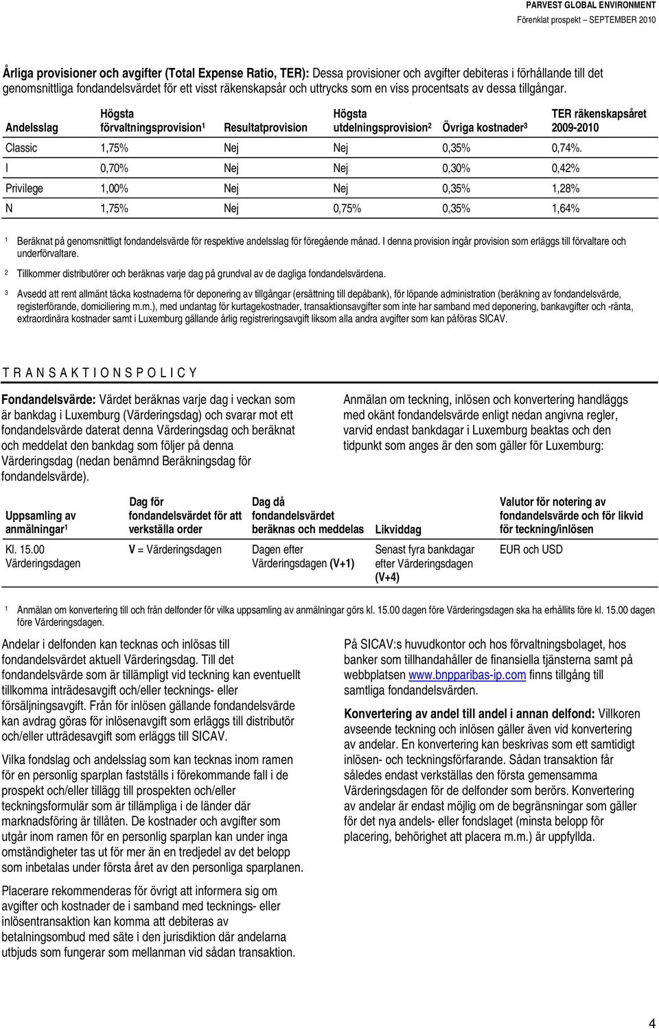 I 0,70% Nej Nej 0,30% 0,42% Privilege,00% Nej Nej 0,35%,28% N,75% Nej 0,75% 0,35%,64% TER räkenskapsåret 2009-200 Beräknat på genomsnittligt fondandelsvärde för respektive andelsslag för föregående