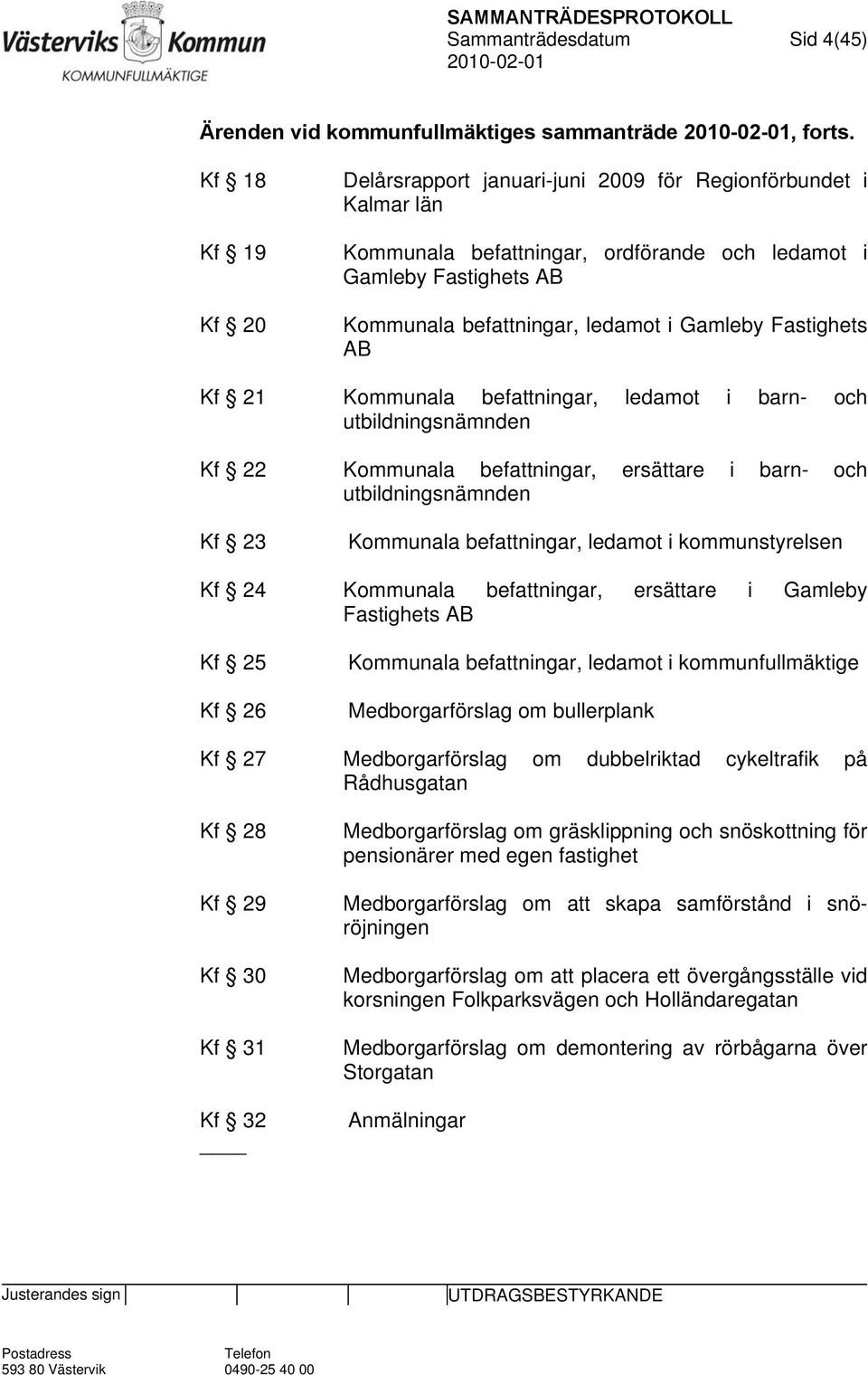 Fastighets AB Kf 21 Kommunala befattningar, ledamot i barn- och utbildningsnämnden Kf 22 Kommunala befattningar, ersättare i barn- och utbildningsnämnden Kf 23 Kommunala befattningar, ledamot i