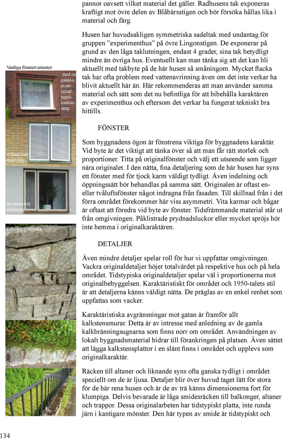 Husen har huvudsakligen symmetriska sadeltak med undantag för gruppen experimenthus på övre Lingonstigen.