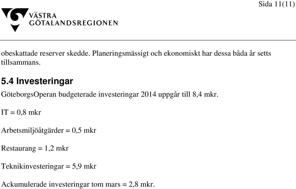 4 Investeringar GöteborgsOperan budgeterade investeringar 2014 uppgår till 8,4 mkr.