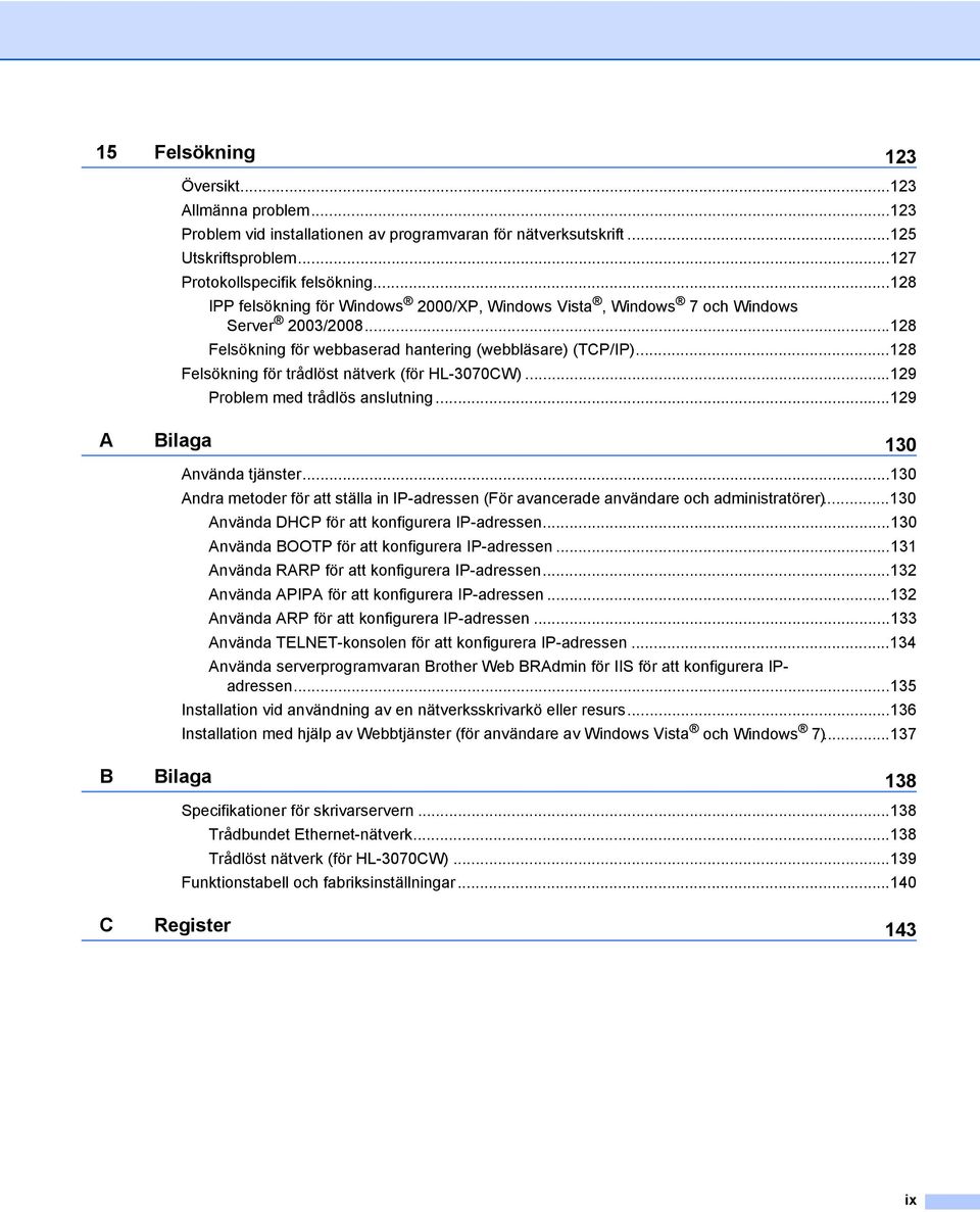 ..128 Felsökning för trådlöst nätverk (för HL-3070CW)...129 Problem med trådlös anslutning...129 A Bilaga 130 Använda tjänster.