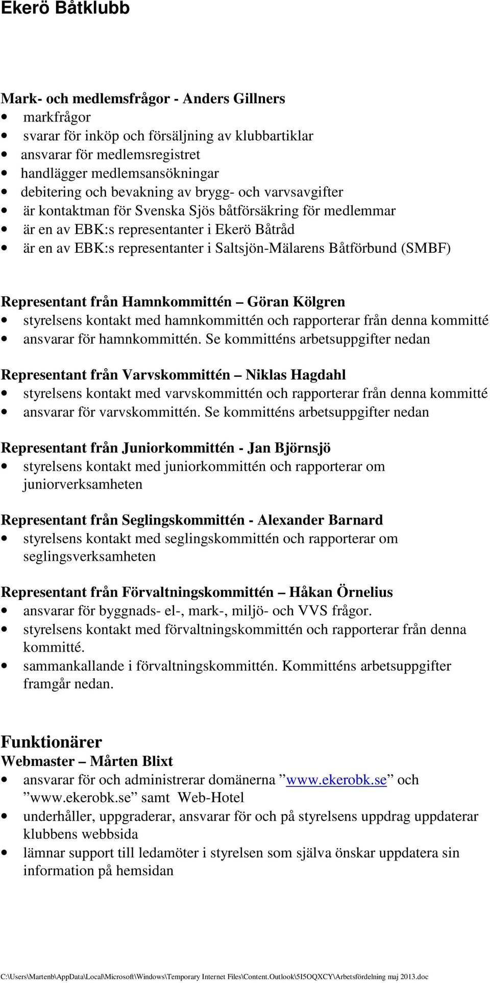 Representant från Hamnkommittén Göran Kölgren styrelsens kontakt med hamnkommittén och rapporterar från denna kommitté ansvarar för hamnkommittén.