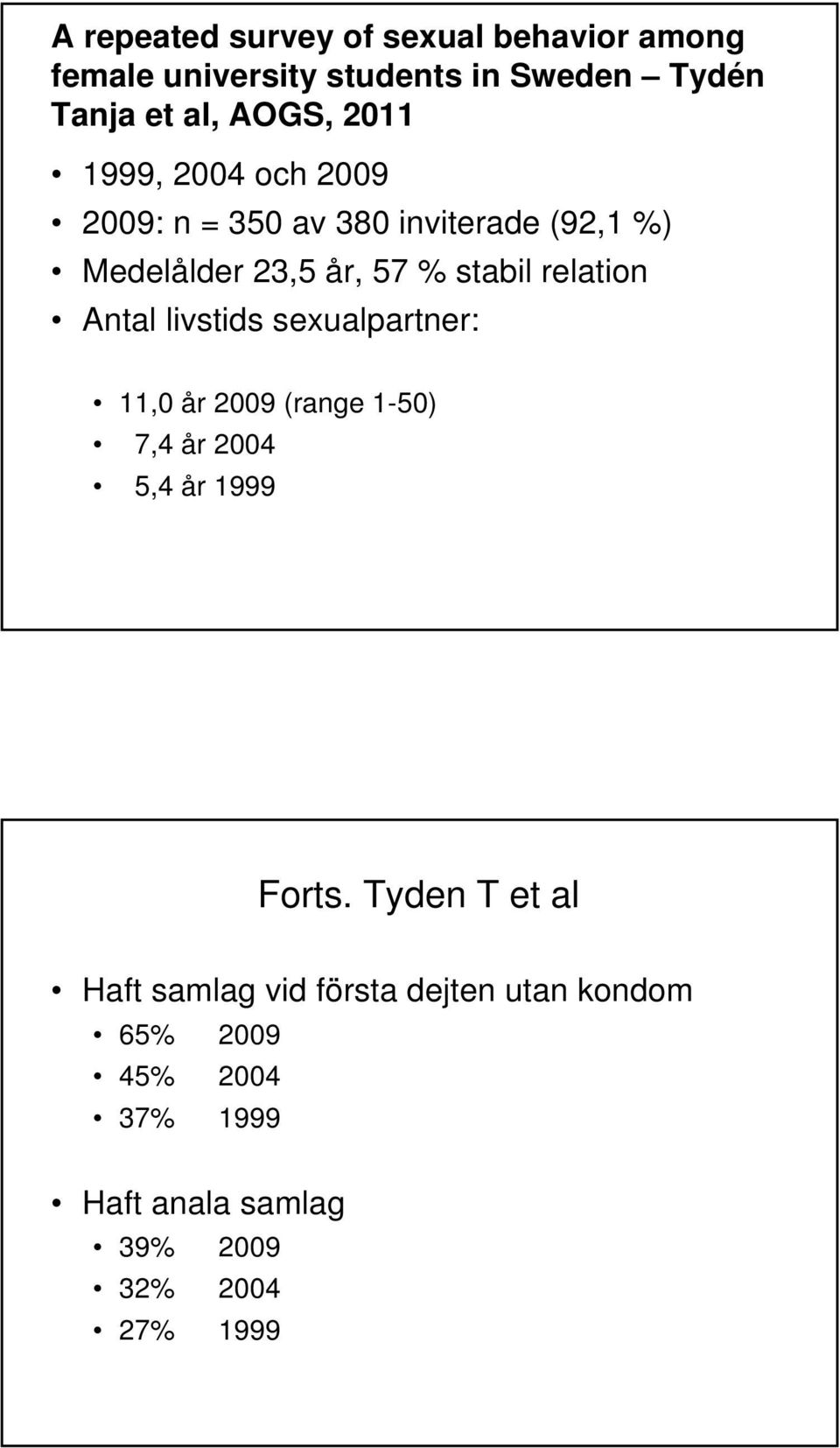 Antal livstids sexualpartner: 11,0 år 2009 (range 1-50) 7,4 år 2004 5,4 år 1999 Forts.