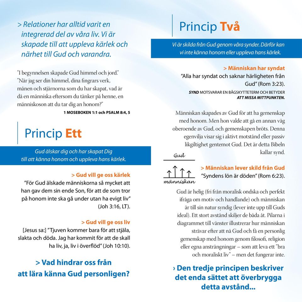 Princip Ett 1 MOSEBOKEN 1:1 och PSALM 8:4, 5 Gud älskar dig och har skapat Dig till att känna honom och uppleva hans kärlek.