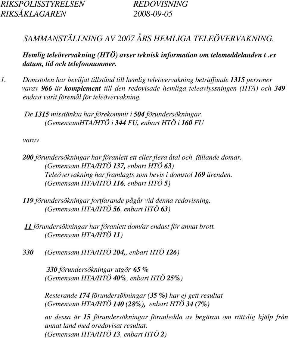 Domstolen har beviljat tillstånd till hemlig teleövervakning beträffande 1315 personer varav 966 är komplement till den redovisade hemliga teleavlyssningen (HTA) och 349 endast varit föremål för