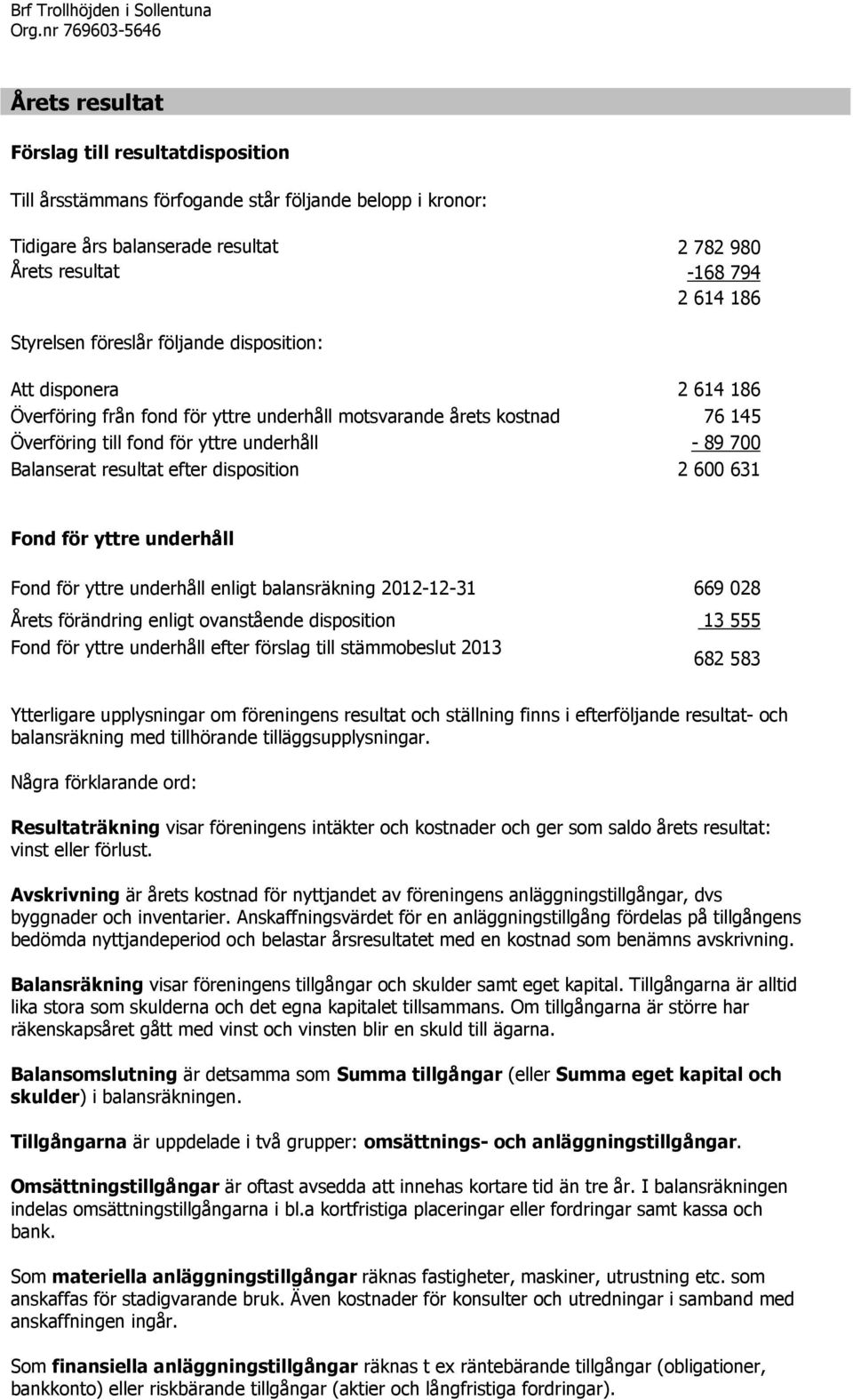 Styrelsen föreslår följande disposition: Att disponera 2 614 186 Överföring från fond för yttre underhåll motsvarande årets kostnad 76 145 Överföring till fond för yttre underhåll - 89 700 Balanserat