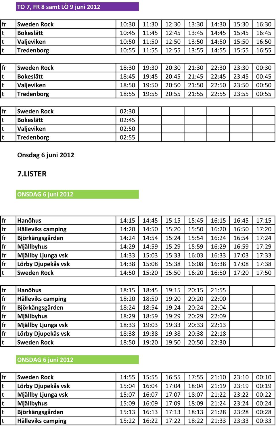 Tredenborg 18:55 19:55 20:55 21:55 22:55 23:55 00:55 fr Sweden Rock 02:30 t Bokeslätt 02:45 t Valjeviken 02:50 t Tredenborg 02:55 Onsdag 6 juni 2012 7.