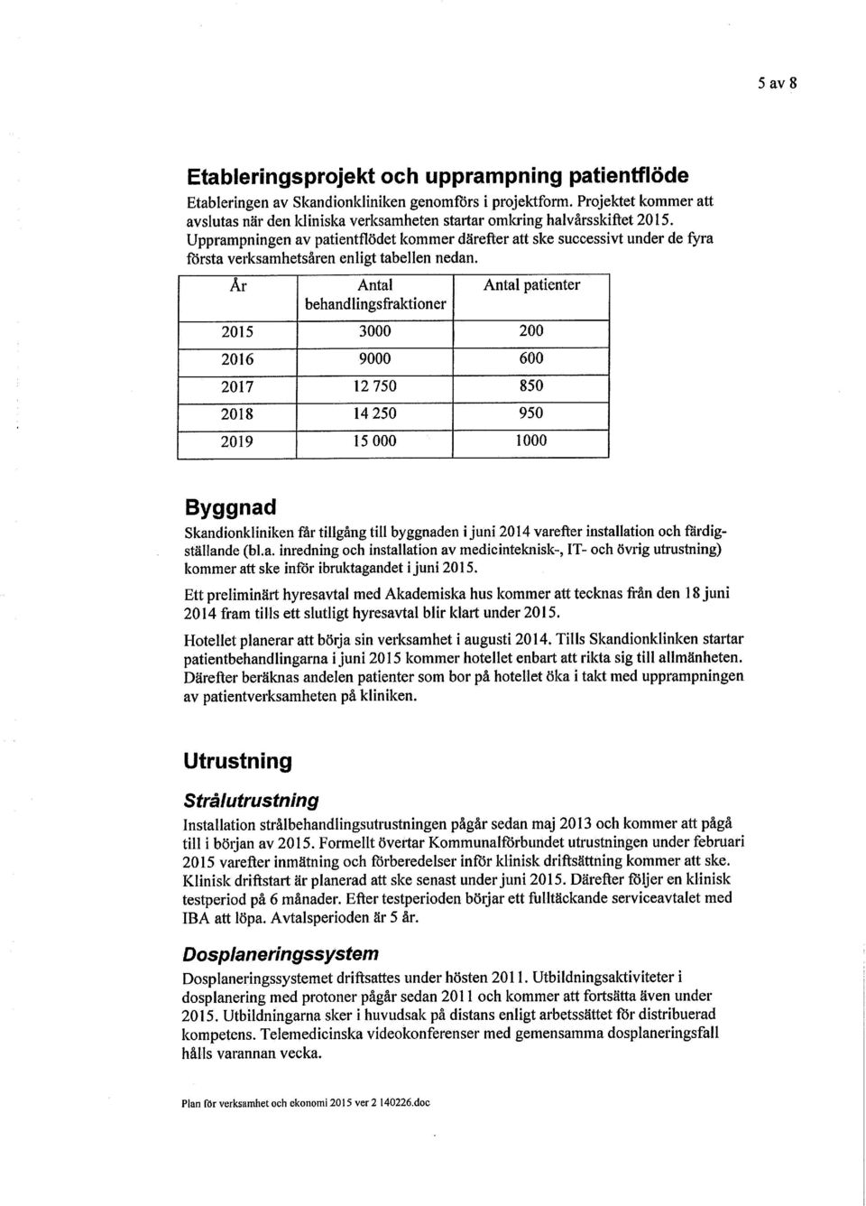 Upprampningen av patientflödet kommer därefter att ske successivt under de fyra första verksamhetsåren enligt tabellen nedan.
