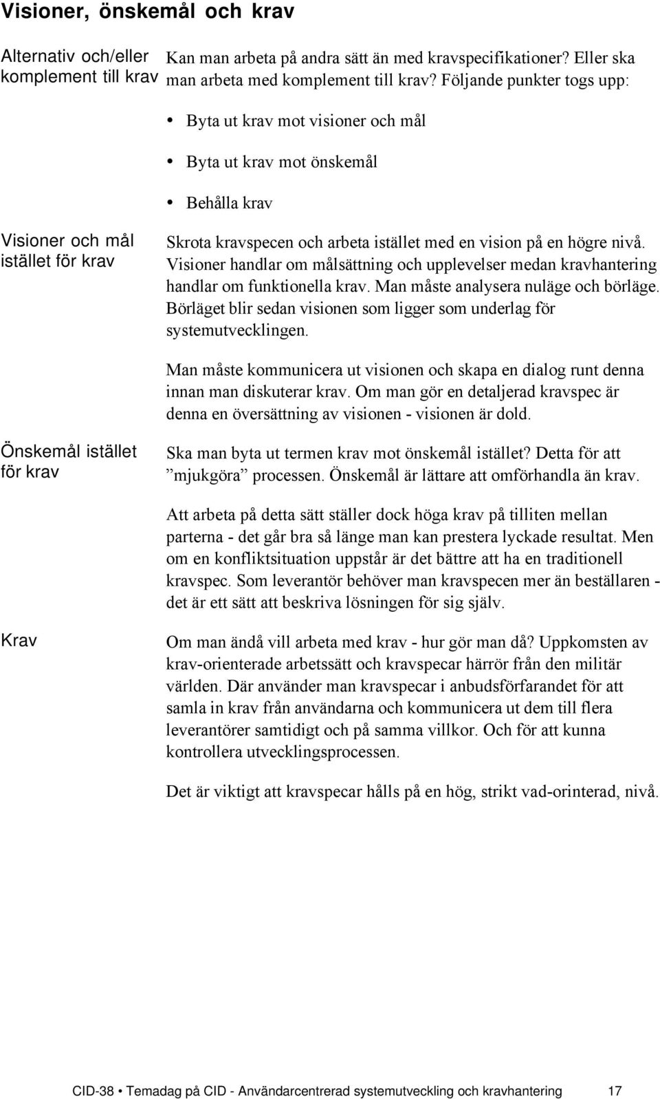 nivœ. Visioner handlar om mœlsšttning och upplevelser medan kravhantering handlar om funktionella krav. Man mœste analysera nulšge och bšrlšge.