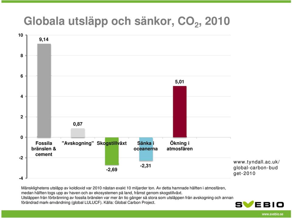 Av detta hamnade hälften i atmosfären, medan hälften togs upp av haven och av ekosystemen på land, främst genom skogstillväxt.