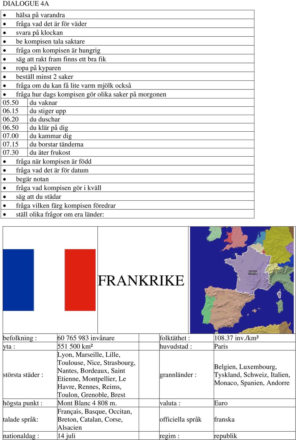 30 du äter frukost fråga när kompisen är född fråga vad det är för datum begär notan säg att du städar FRANKRIKE befolkning : 60 765 983 invånare folktäthet : 108.37 inv.