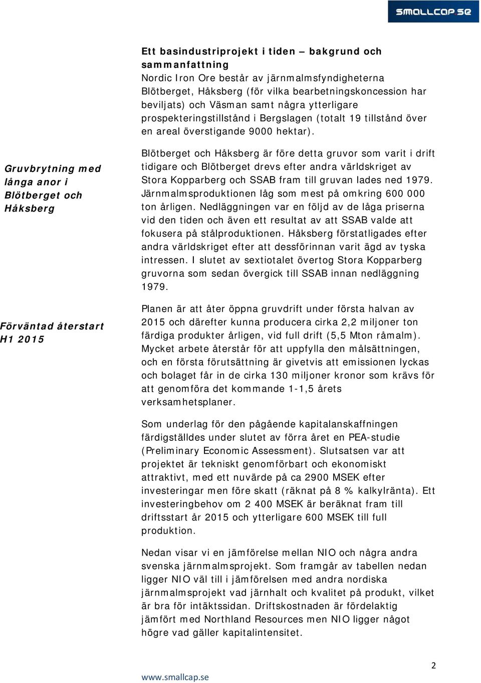 Gruvbrytning med långa anor i Blötberget och Håksberg Förväntad återstart H1 2015 Blötberget och Håksberg är före detta gruvor som varit i drift tidigare och Blötberget drevs efter andra världskriget