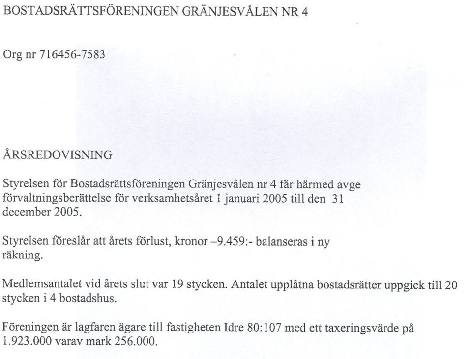 Styrelsen föreslår att årets förlust, kronor -9.459:- balanseras i ny räkning. Medlemsantalet vid årets slut var 19 stycken.