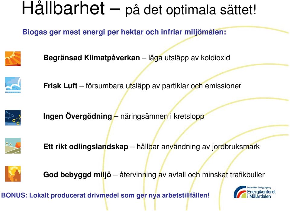 Frisk Luft försumbara utsläpp av partiklar och emissioner Ingen Övergödning näringsämnen i kretslopp Ett