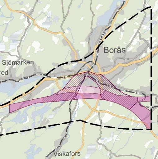 Rosa korridor Östra delen Hastighet 320 km/h Relativt god tillgänglighet Stor påverkan på staden Risk att förstärka befintliga barriärer längs bibanan och ytterligare en längs förbifarten Förbifart