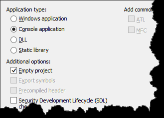 Här ska du acceptera det förvalda Console Application, men markera Empty Project så att inga filer genereras automatiskt av systemet.