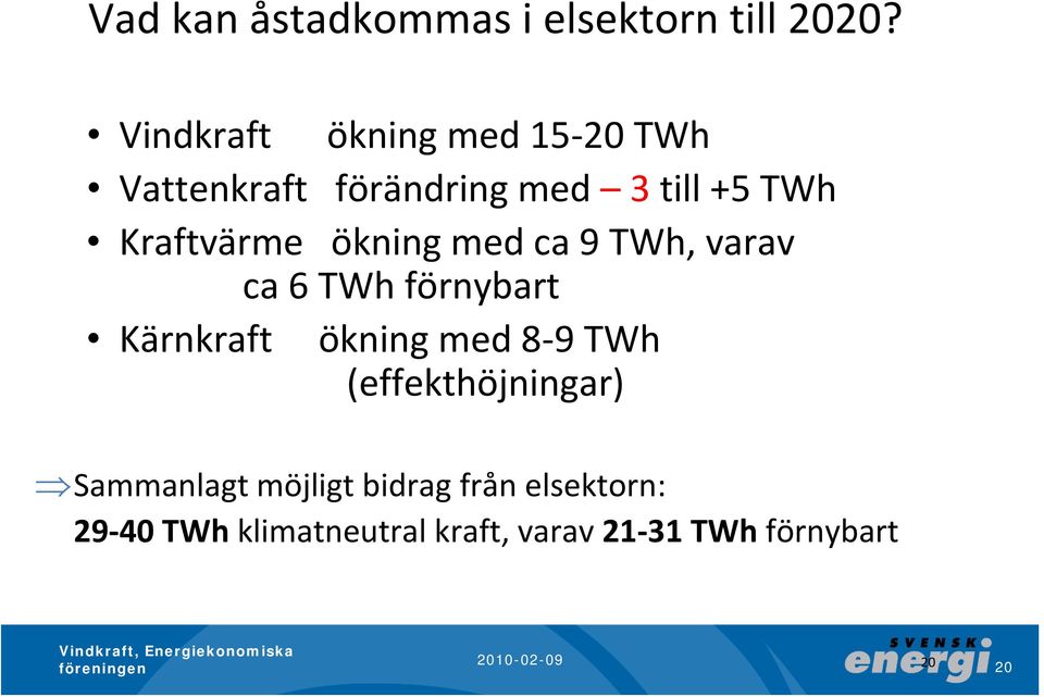 Kraftvärme ökning med ca 9 TWh, varav ca 6 TWh förnybart Kärnkraft ökning med 8