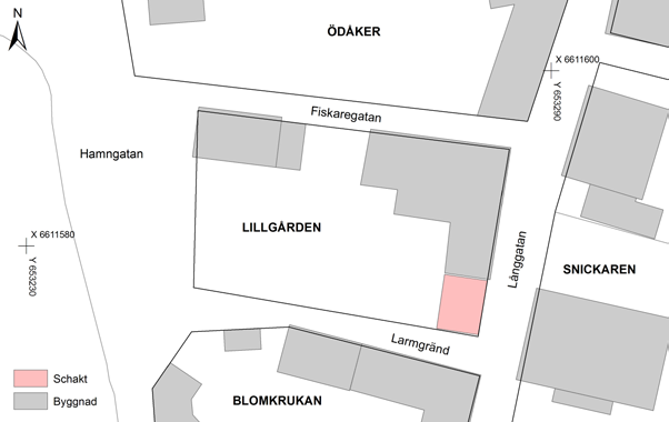 Figur 3. Schaktets läge i Lillgården 1. Utdrag ur digitala Fastighetskartan. Skala 1:500. Resultat Schaktet grävdes med maskin ner till 0,25 0,30 meters djup.