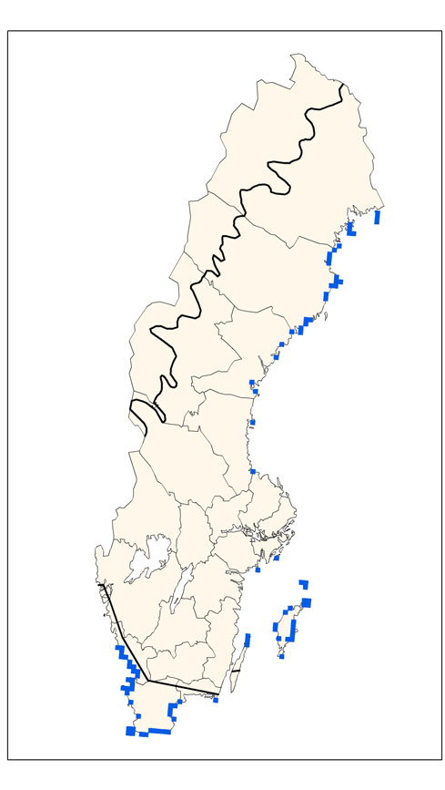 Figur 1. Svenskt utbredningsområde (till vänster) och förekomstareal (till höger). Förutsättningar för bevarande Länk: Gemensam text (förutsättningar för bevarande) http://www.naturvardsverket.