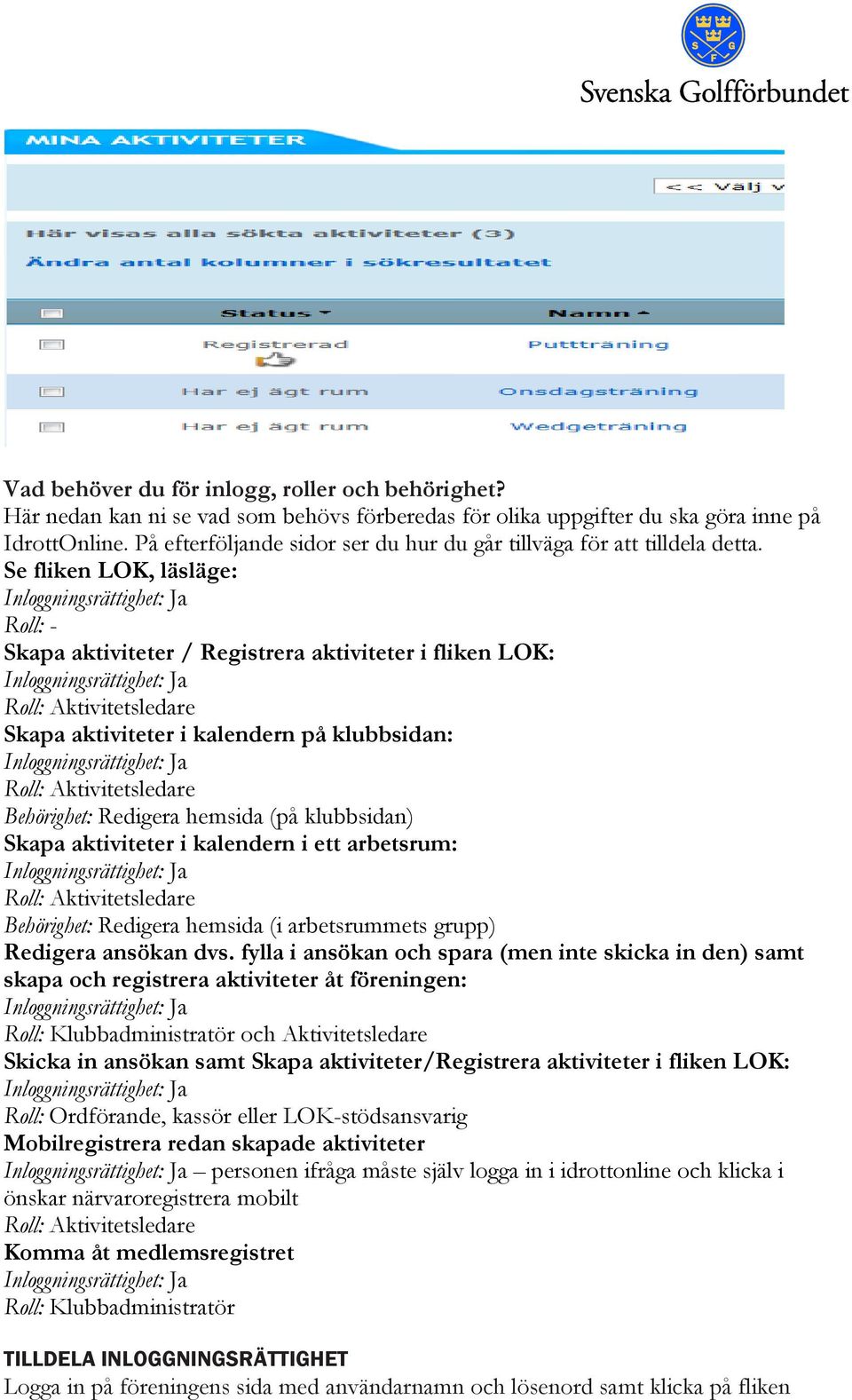 Se fliken LOK, läsläge: Roll: - Skapa aktiviteter / Registrera aktiviteter i fliken LOK: Roll: Aktivitetsledare Skapa aktiviteter i kalendern på klubbsidan: Roll: Aktivitetsledare Behörighet: