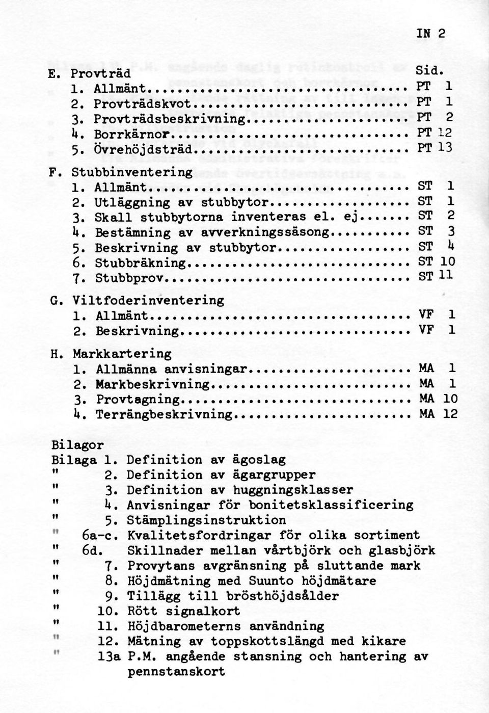 Viltfoderinventering 1. Allmänt VF 1 2. Beskrivning VF 1 H. Markkartering 1. Allmänna anvisningar MA 1 2. Markbeskrivning MA 1 3. Provtagning MA 10 U. Terrängbeskrivning MA 12 Bilagor Bilaga 1.