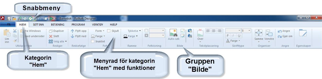 Så här är menyerna uppbyggda Menyerna i Rolltalk Designer är uppbyggda i Kategorier och för varje kategori finns Menyrader som innehåller funktioner och kommandon.