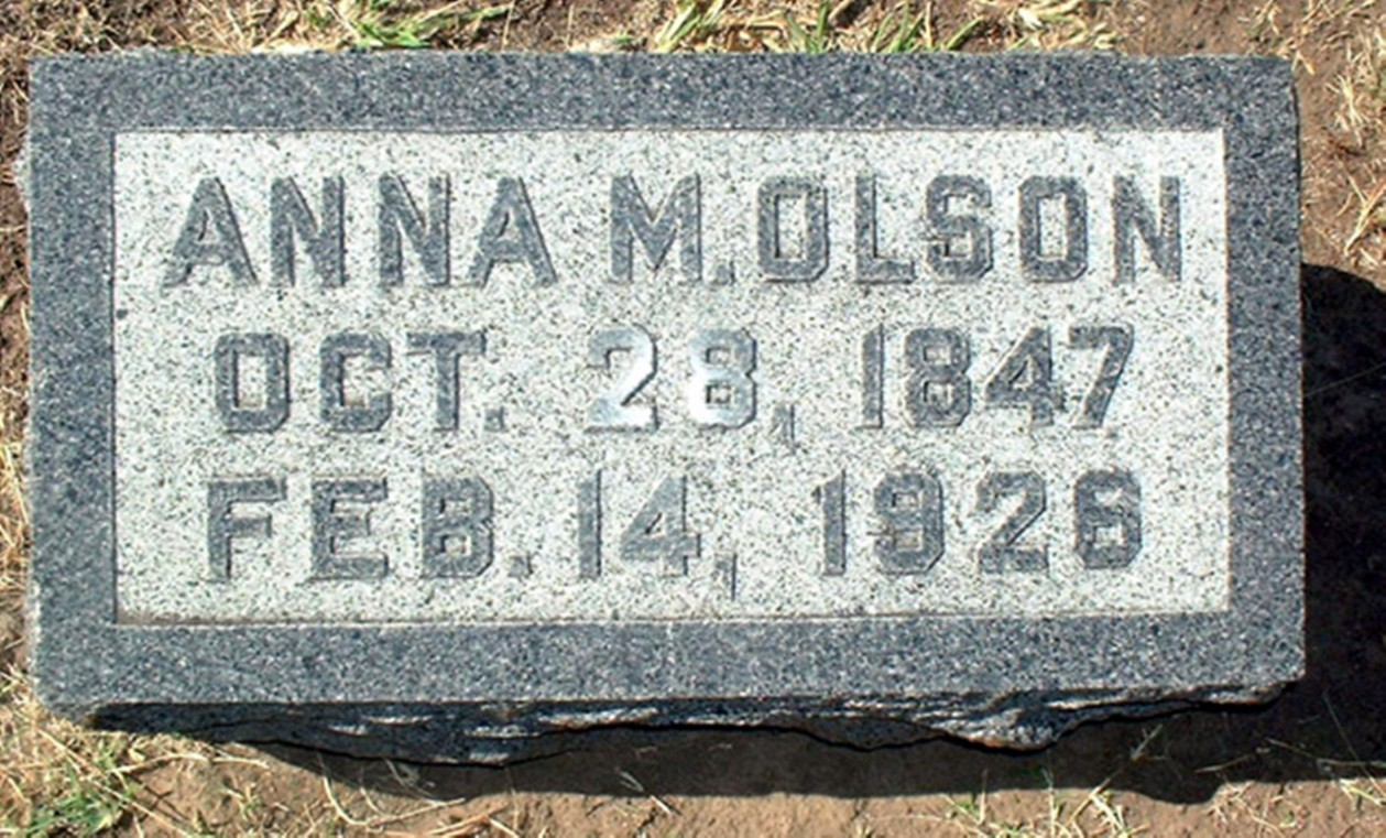 Anna Maria Nilsdotter Olson (314). Born 1847-10-27 in Mellanbäck, Hjortsberga m Kvenneberga (G) (Erik Nilsagård). Died 1928-02-14 in Salina, Kansas, USA (Gybson Hill cemetary, Salina, Kansas ).