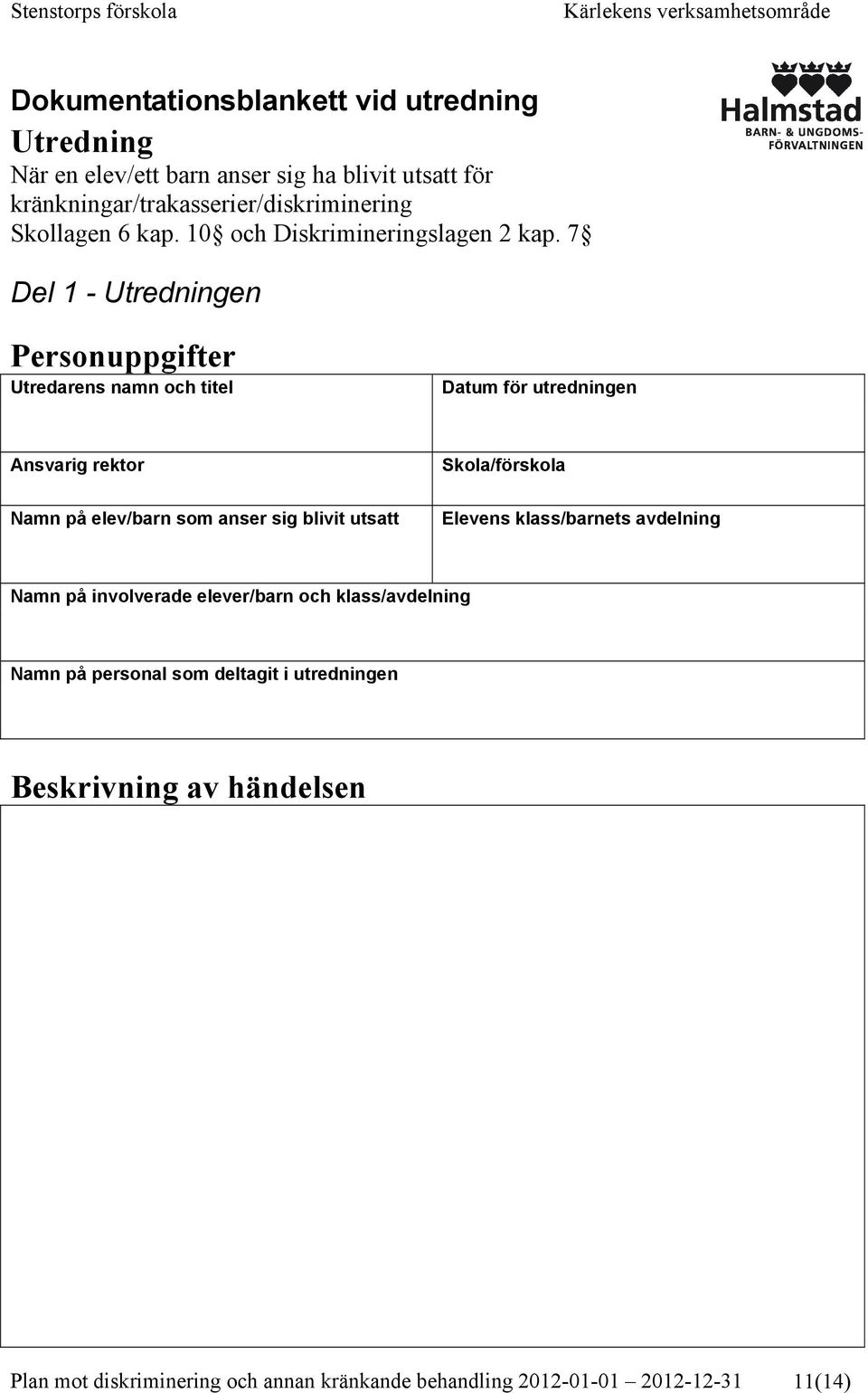 7 Del 1 - Utredningen Personuppgifter Utredarens namn och titel Datum för utredningen Ansvarig rektor Skola/förskola Namn på elev/barn som anser