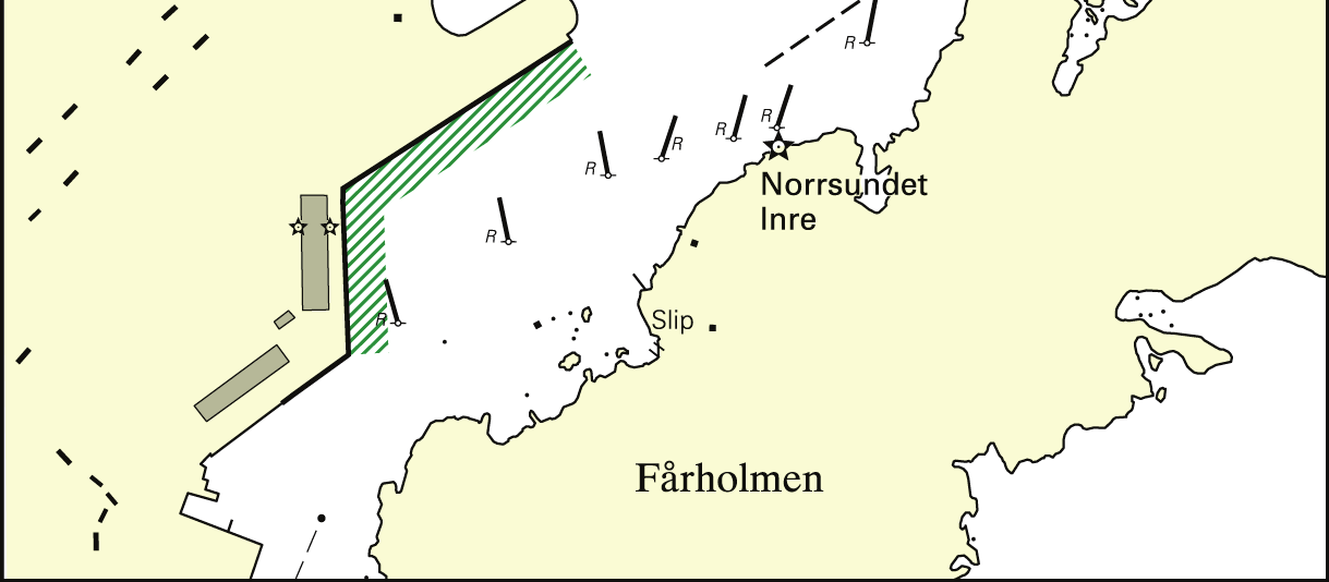 Bilaga 5 Norrsundets hamn Område Mellan kajplatser i Norrsundets hamn Trafik Alla lotspliktiga fartyg Får inte användas för navigering.