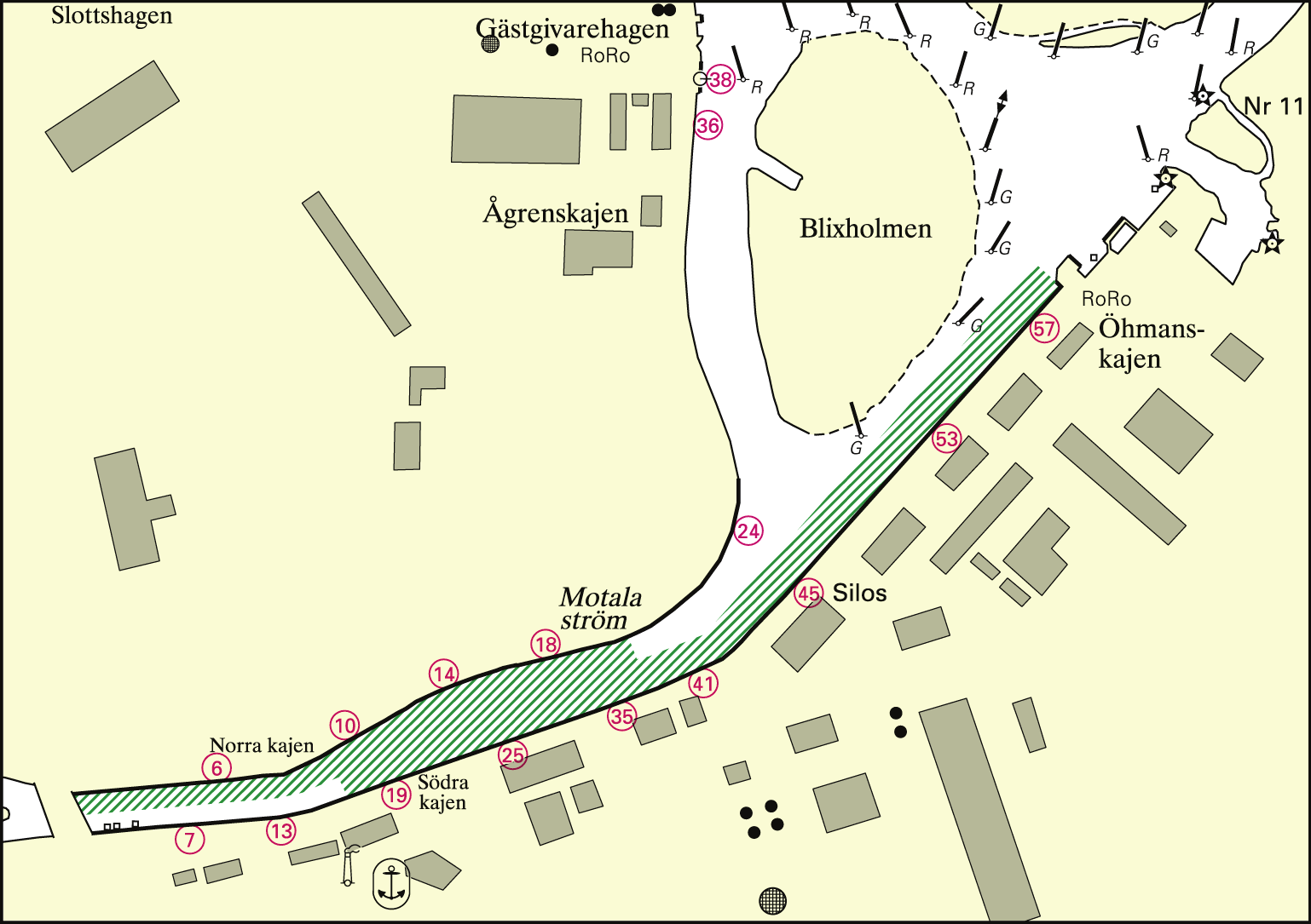 Bilaga 5 Norrköping (Norra kajen, Södra kajen och Öhmanskajen) Område - Mellan jämna kajplatser fr.o.m. 4 t.o.m. 20 - Mellan udda kajplatser fr.o.m. 17 t.o.m. 59 - Mellan jämna kajplatser fr.o.m. 4 t.o.m. 20 och udda kajplatser fr.