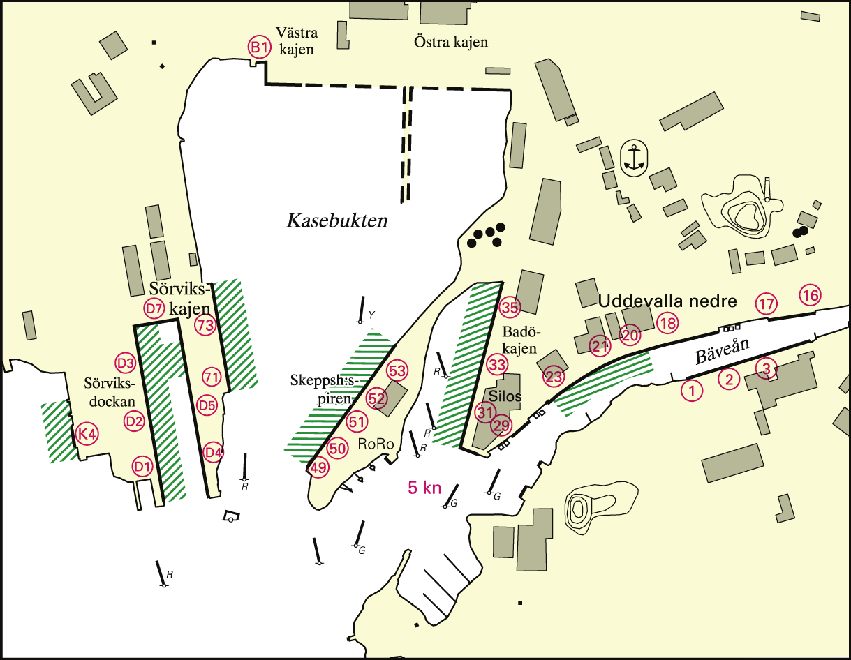 Bilaga 5 Lotsområde Marstrand Uddevalla hamn Område - Mellan kajplatserna K4, D1 D6 och 71 73 i Sörvik - Mellan kajplatserna 49 53 längs Skeppsholmspiren - Mellan kajplatserna 31 35 längs Badökajen -