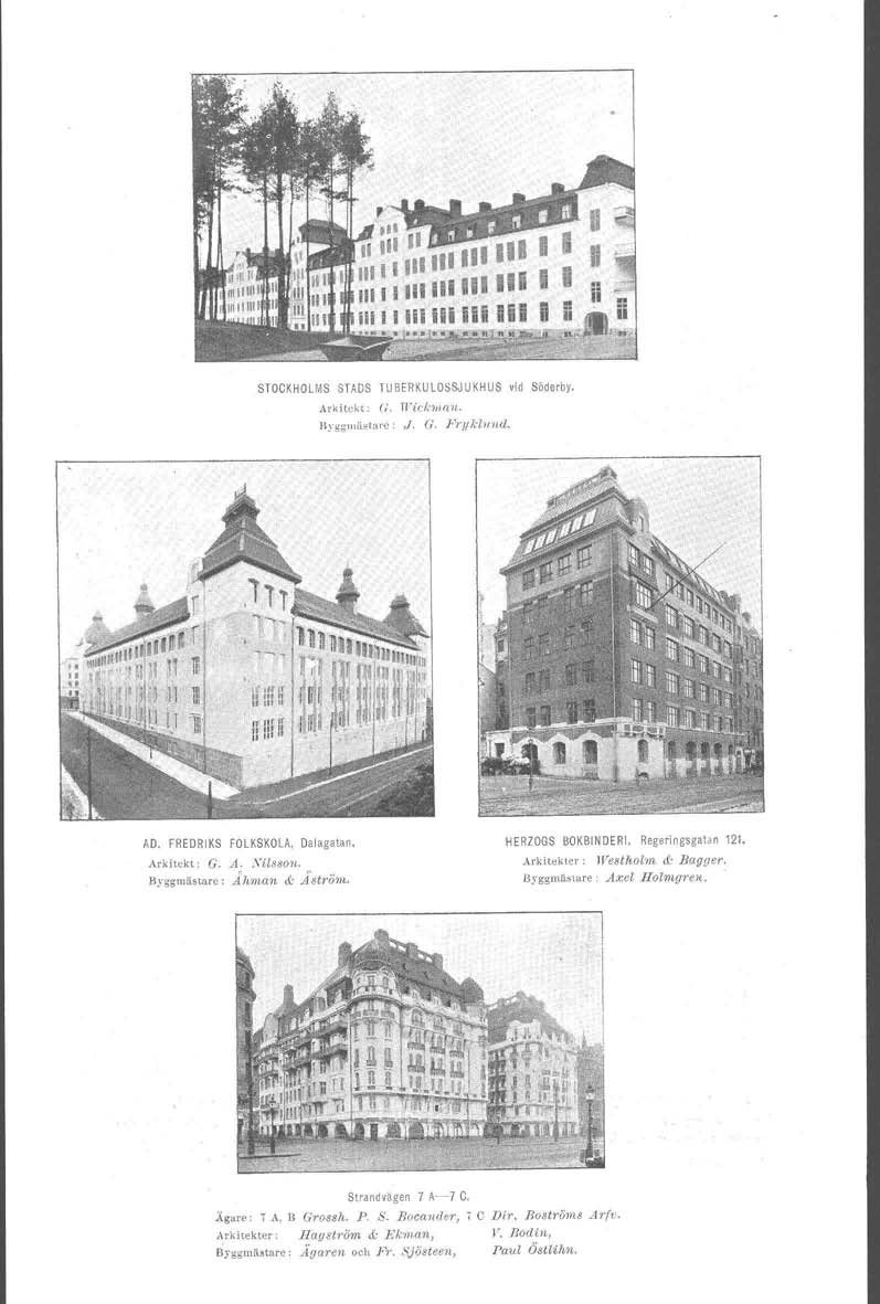 STOCKHOLMS STADS TUBERKULOSSJUKHUS vid Söderby. Arkitekt: C/. Wickwan. HygglllH~tarc: J. (J. FnJklund. AD. FREDRIKS FOLKSKOLA, Dalagatan. Arkitekt: G. A. Xil88on. Byggmästare: Åhrnan &~lströll~.