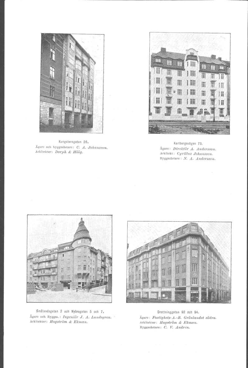 Kungstensgatan 26. Xgare och byggmästare: C. A. Johansson. Arkitekter: Dorph &: Höög. Karlbergsvägen 73. Xgere : DirektiJr A. Andersson. Arkitekt: C.IFri1l1~sJohansson. Hyggmästare :.. \-'-' A.