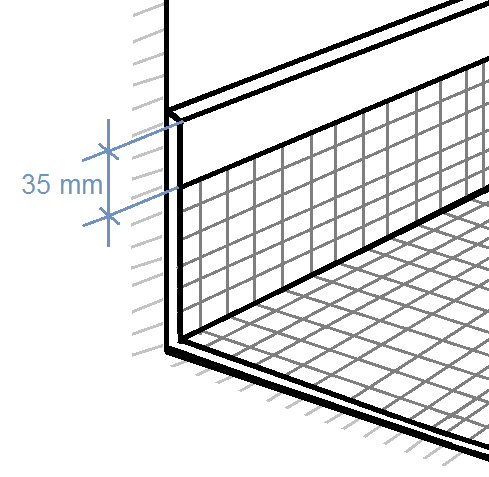 Anslutning till plastmatta med halkskydd För att uppnå en tät anslutning mellan mattkant och ytskikt skall de upphöjningar som utgör halkskydd slipas bort och ytan mattslipas noga 35 mm ned från