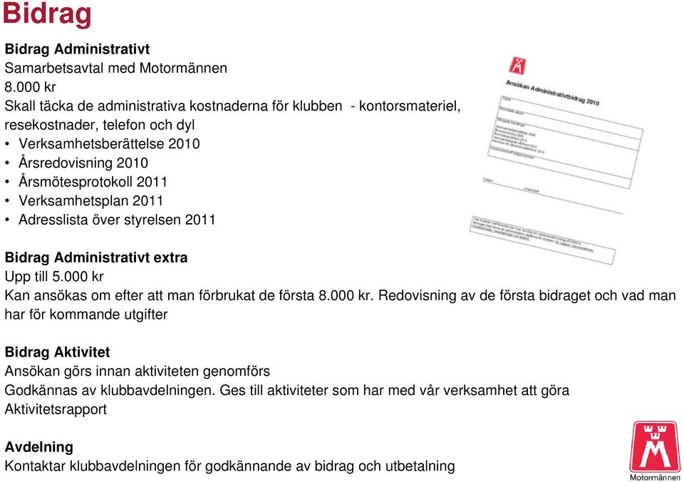 2011 Verksamhetsplan 2011 Adresslista över styrelsen 2011 Bidrag Administrativt extra Upp till 5.000 kr 